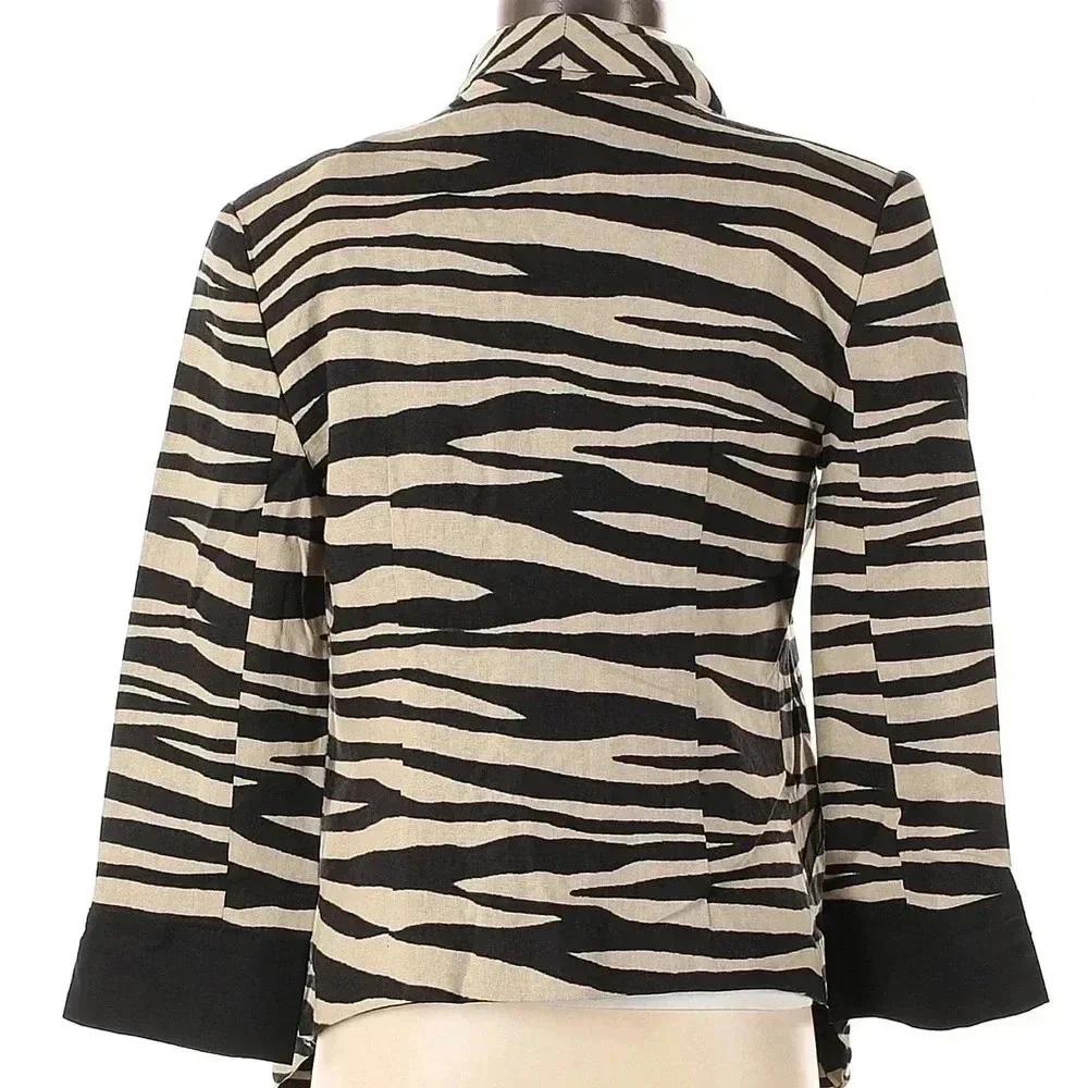 Alberto Malaki Linen Blend Tan Black Zebra Animal Stripe Open Blazer Size Small